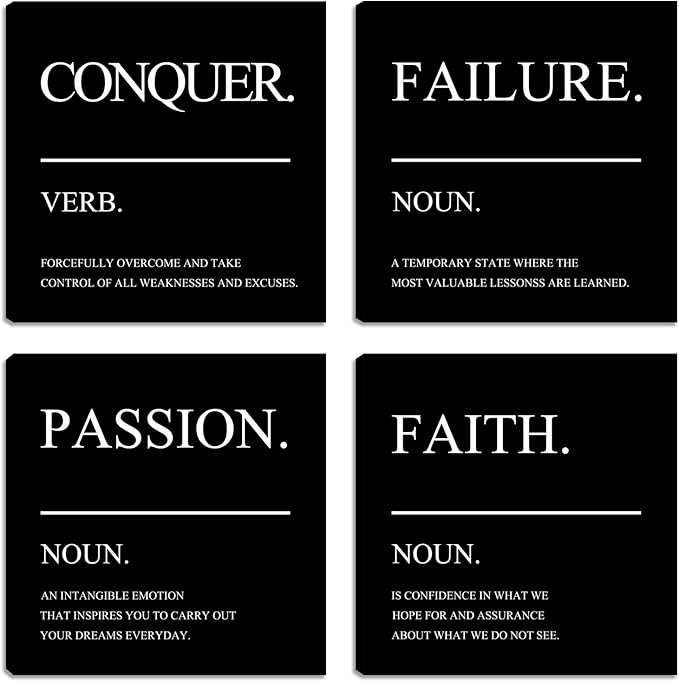 Inspirational Wall Art Motivational Canvas Wall Art Positive Office Wall Decor Poster Black Wall Picture Painting Men Home Office Bedroom Living Room Decor Artwork Framed - 12"x12"x4PCS