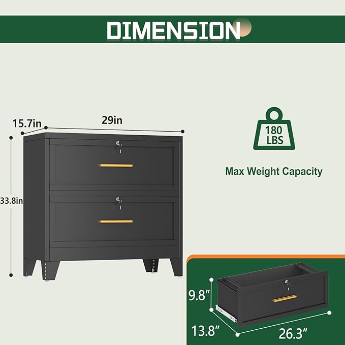 2 Drawer File Cabinet with Lock, Metal Lateral File Cabinets for Home Office, Steel Wide Filing Organization Storage Cabinets, Home Office Furniture for Hanging Files Letter/Legal/F4/A4 Size