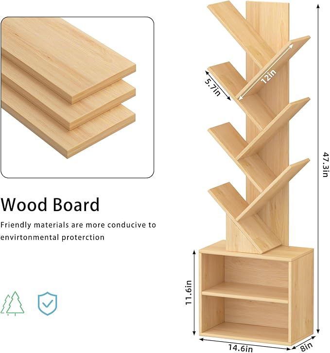 10 Tier Tree Bookshelf,Christmas Green Bookcase for Narrow Space, Storage Organizer Floor Standing Bookshelves for Books, Tall Book Case for Home Office, Living Room, Bedroom