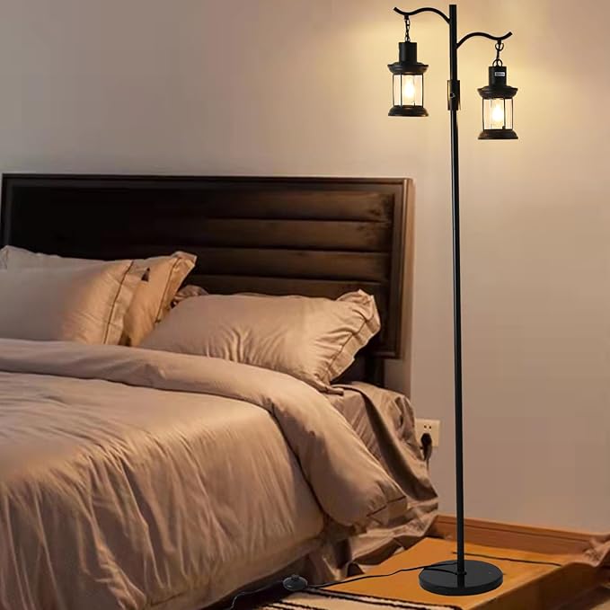 Vintage Dimmable Floor Lamp,2 Classical Lanterns Standing Lamp, Rustic Farmhouse Floor Lamp with Black Finish, for Living Room Bedroom (Black)
