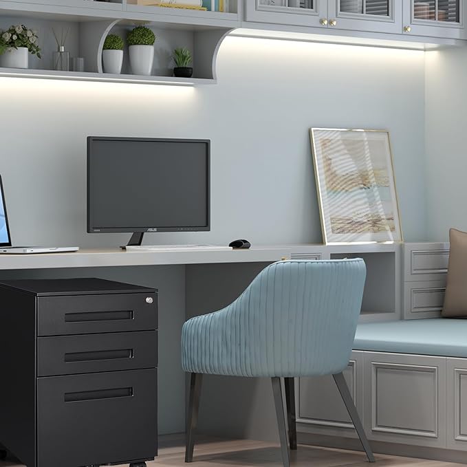 3-Drawer Mobile File Cabinets Rolling Metal Filing Cabinet for Legal & Letter File Anti-tilt Design with Lock Under Desk Office Drawers Fully Assembled Except Casters (Matt Black)