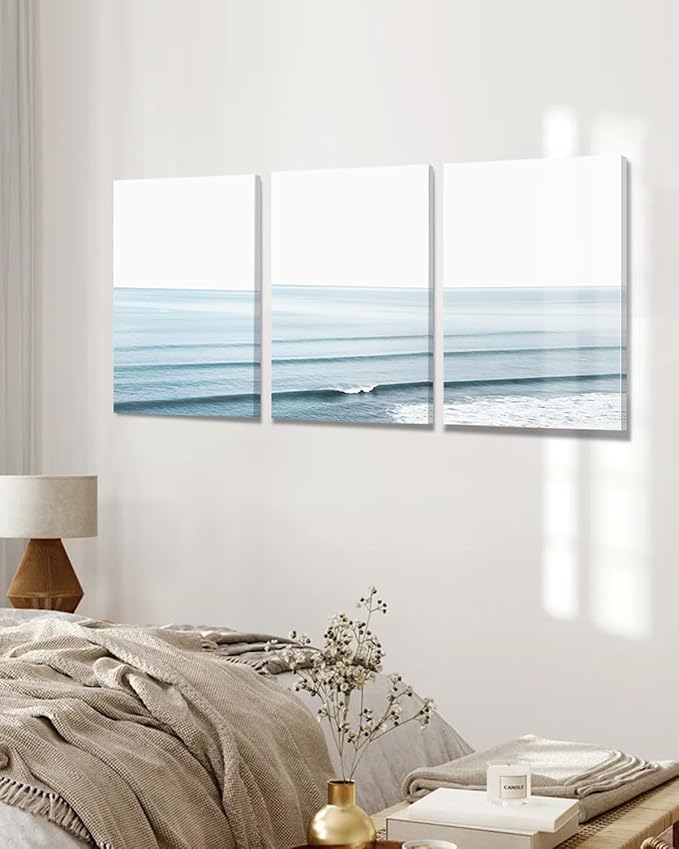 KBKBART Framed Canvas Wall Art Prints Ocean Wall Art Set of 3, Beach Wall Decor,Modern Waves Print Coastal Artwork for Walls, Beach Blue Sea Poster for Bathroom, Bedroom Decor - 12"x16"