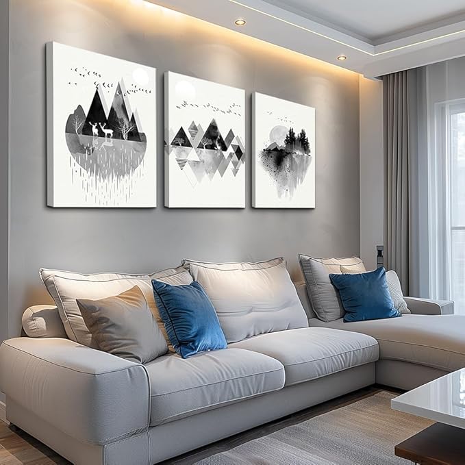 hyidecorart Canvas Wall Art For Living Room Large Wall Decor For Bedroom Office Decoration Black And White Abstract Wall Painting Geometry Mountain Wall Pictures Artworks Room Home Decor 3 Piece