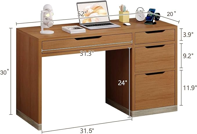 52 Inch Desk with 4 Drawers, Small Computer Desk for Small Space, Home Office Desk with Storage File Drawer for Bedroom, Brown