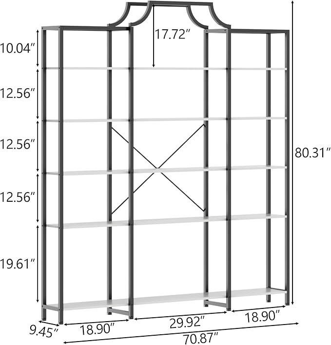 Auromie Triple Wide 5-Tier Bookshelf, 70.87" L x 79.13" H Extra Large Bookcase, Tall Open Etagere Display Shelf with Metal Frame, Freestanding Modern Storage Shelves for Home Office, Black&White