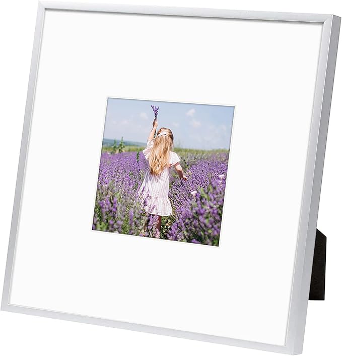 Golden State Art, Gallery Wall Frame Set of 6 - Silver 8x8 Aluminum Photo Frames with Mat for 4x4 Pictures - 8 x 8 inch Metal Frame with Real Glass Cover - Elegant Home or Office Decor