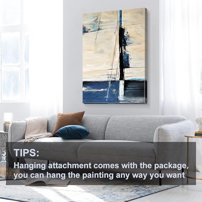 Large Abstract Canvas Wall Art Modern Geometric Art Paintings Blue Blocks and Lines Painted on Cream Background Elegantly Framed Artwork Pictures for Living Room Bedroom Wall Decor 48x32in