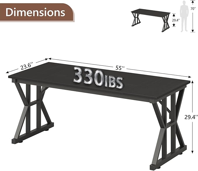 TVU Computer Desk, 55 inch Large Office Desk, Study Writing Table with Thicken Frame, Gaming Desk, Modern Simple Desk for Home Office, Black