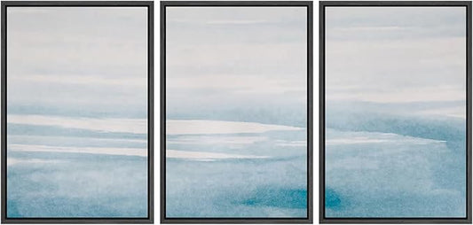 SIGNWIN 3 Piece Framed Canvas Wall Art Blue Sky Watercolor Nature Wilderness Illustrations Abstract Traditional Relax/Calm Home Artwork Decoration for Living Room,Bedroom - 16"x24"x3 Black