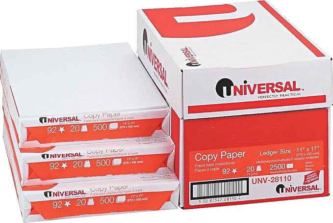 Universal 28110 Copy Paper, 92 Brightness, 20lb, 11 x 17, White, 2500 Sheets/Carton