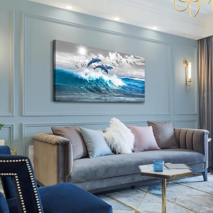 Wapluam Wall Decor For Living Room Large Canvas Wall Art For Bedroom Blue Wave Of The Sea Pictures Artwork Modern Office Canvas Print Dolphins Wall Paintings Ready To Hang Stretched and Framed