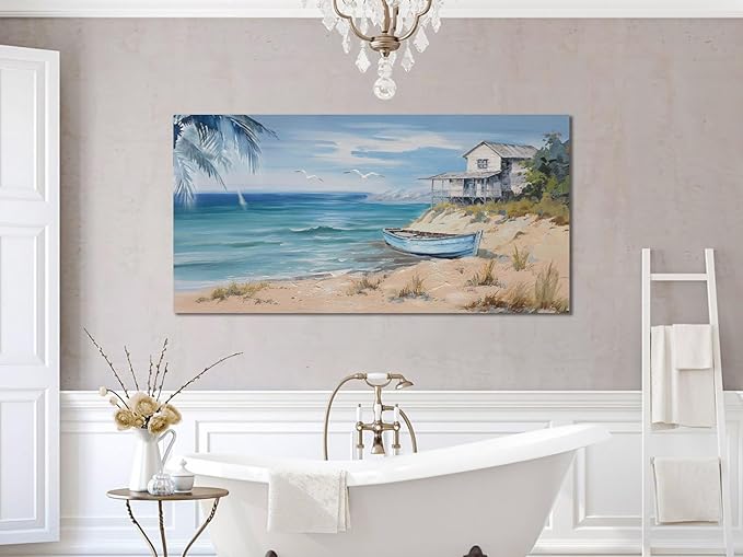 Arjun Blue Coastal Wall Art for Living Room Seascape Beach Painting Bedroom Wall Decor Ocean Picture Large Artwork Home Office Wall Decor, 40"x20"