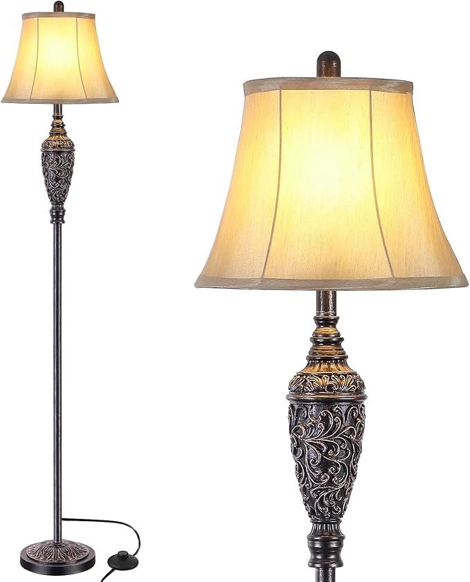 65’’ Vintage Floor Lamp for Living Room, Traditional Standing Lamp with Carved Resin Base and Foot Switch, Classic Farmhouse Tall Pole Lamp, Bedroom, Office, Bronze Finish