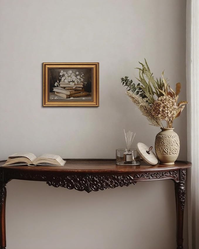 Gold Framed Wall Art Vintage Canvas Wall Art Moody Books and Flowers Dark Academia Decor Artwork Prints Picture for Living Room Bedroom Farmhouse Bathroom Office Decor, 12x16