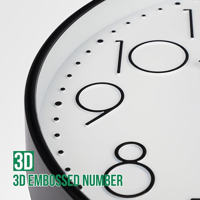 Wall Clock Non-Ticking Silent Modern Simple Style Round Decor Clock Stereoscopic Dial Quartz Wall Clocks for Home/Office/School/Living Room/Bedroom/Kitchen (Black, 8inch)