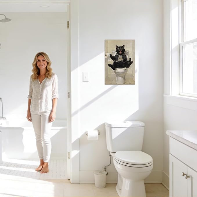 Framed Funny Black Cat Bathroom Decor Modern Bathroom Wall Art, Humor Black Cat Sitting on Toilet Cathching Toilet Paper Roll Wall Decor, Animals Posters Paintings Print Decoration 12x18 Inches
