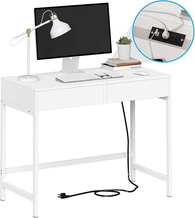 Treocho Computer Desk with USB Charging Ports and Power Outlets, Modern Simple 40 inch White Desk with 2 Drawers, Vanity Desk, Makeup Table for Home Office, Bedroom