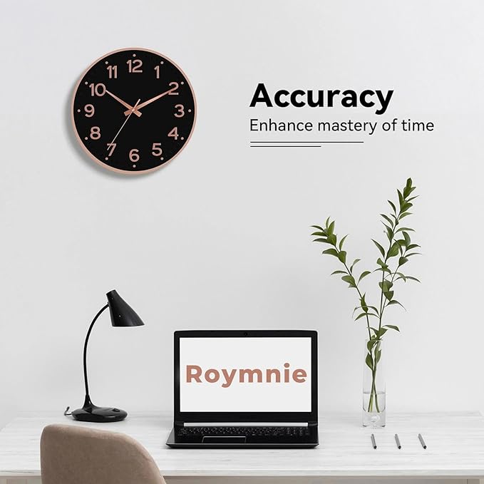 Wall Clock 12 Inch Silent Wall Clocks Battery Operated-Modern Non Ticking Analog Clock Decorative for Kitchen Bedroom Office (Black Rose Gold)