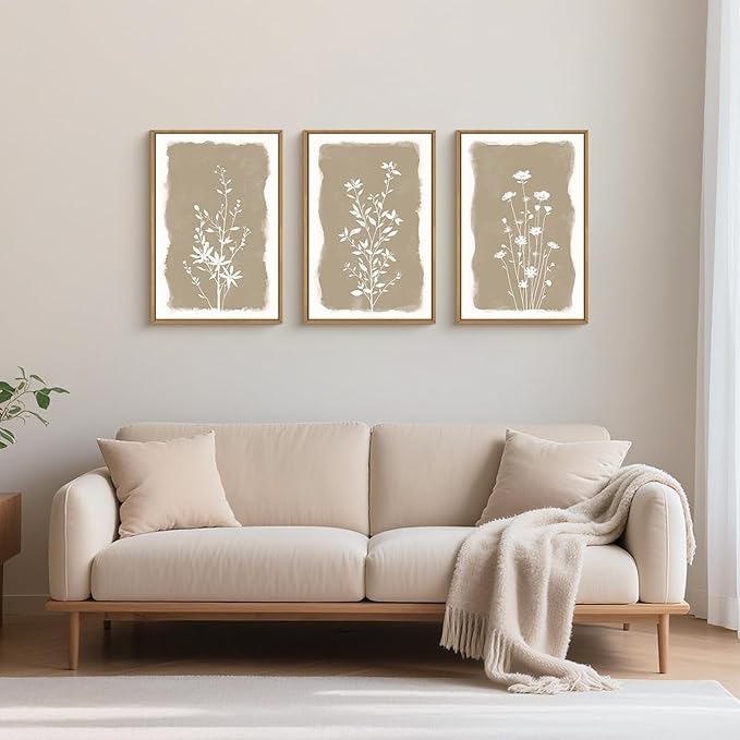Large Netural Minimalist Wildflowers Framed Canvas Wall Art Set,Vintage Natural Floral Wall Decor,Modern Boho Beige Flower Botanical Artwork for Living Room,Bedroom,Office-16 x24 x3
