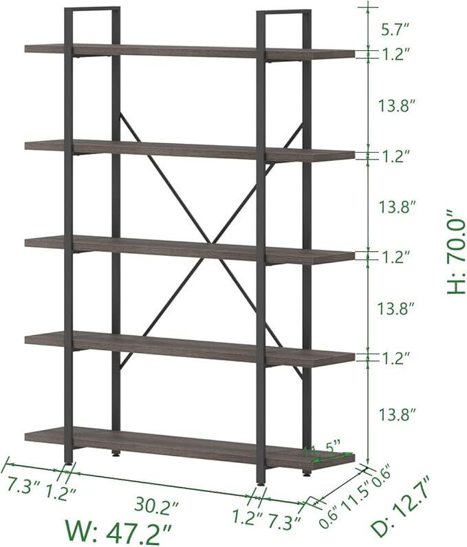 HSH 5 Shelf Bookcases and Book Shelves,Industrial Modern 5 Tier Tall Bookshelf, Rustic Wood and Metal Large Book Shelf for Bedroom Living Room,Vintage Open Wide Vertical Etagere Book Case, Dark Gray