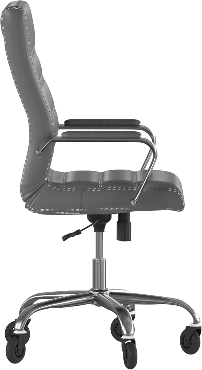 Flash Furniture Whitney High Back Gray LeatherSoft Executive Swivel Office Chair with Chrome Frame, Arms, and Transparent Roller Wheels