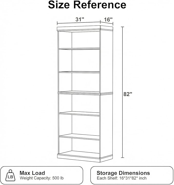 Casaphoria 6 Tier Wooden Bookshelf, 82" H Tall Book Shelf with Adjustable Shelves, Wide Bookshelf with 16" Deep Storage Space for Living Room,Bedroom & Home Office