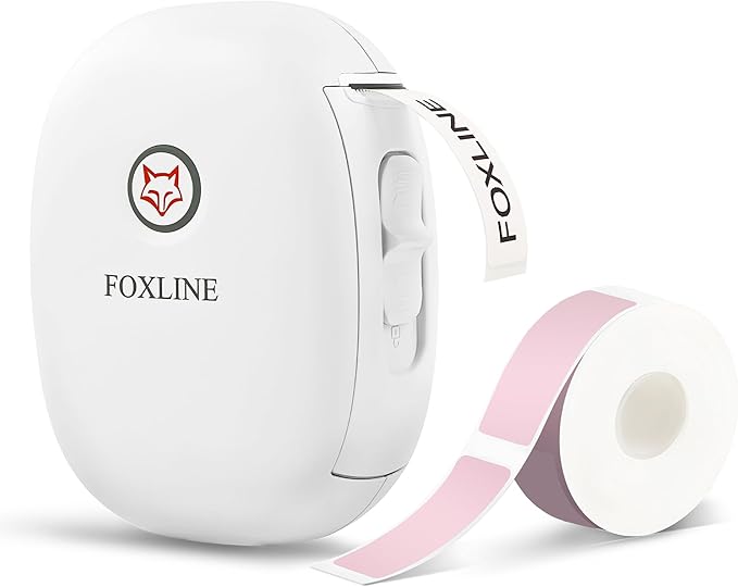 FOXLINE F10 Label Maker Machine with Pink Tape, Portable Bluetooth Thermal Mini Label Printer, Rechargeable Sticker Maker, Inkless Labeler for Home, School, Kitchen, Office Organization, White