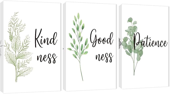 3 Piece Inspirational Wall Art, White Plant Background Picture, Quote "Kind Good Patience" Canvas Print for Office Decor, Triptych Entrepreneur Painting Framed Artwork for Home Wall Decor (36"Wx18" H)