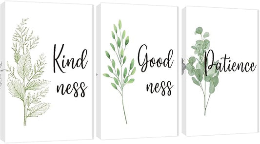 3 Piece Inspirational Wall Art, White Plant Background Picture, Quote "Kind Good Patience" Canvas Print for Office Decor, Triptych Entrepreneur Painting Framed Artwork for Home Wall Decor (36"Wx18" H)