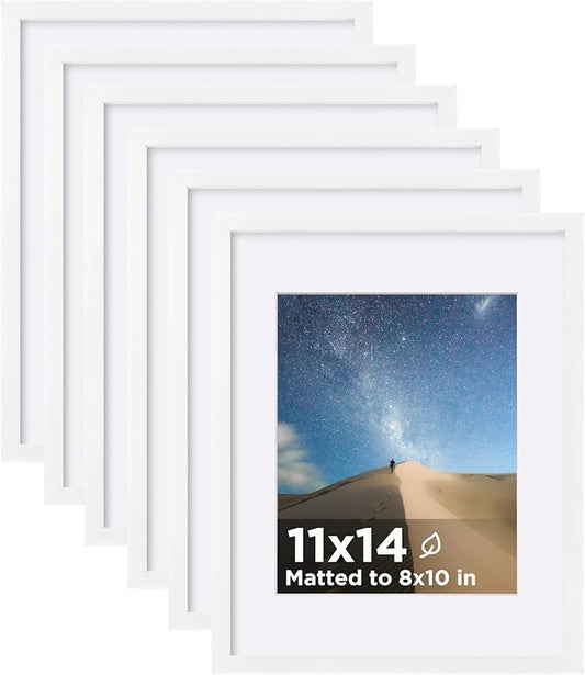 KINLINK 11x14 Picture Frame Set of 6, Wooden 14x11 Photo Frames with Plexiglass for 8x10 Picture with Mat or 11x14 Without Mat, Art Collage for Wall Gallery and Tabletop Display, 11 x 14 Frame White