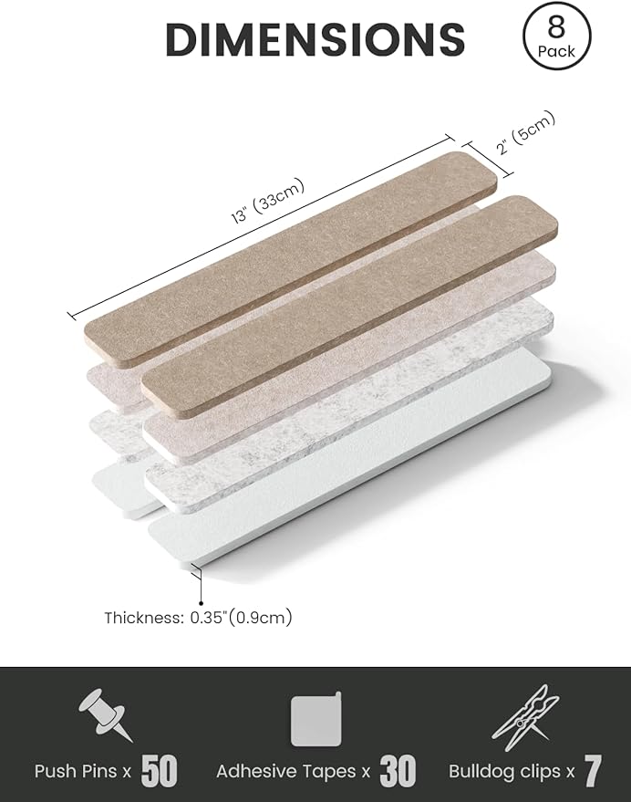 Cork Board Alternative Felt Strip Board 8-Pack 13"x2", Office Pin Board with 50 Push Pins, Adhesive Install for Bedroom Door & Home Office(Stone Beige)