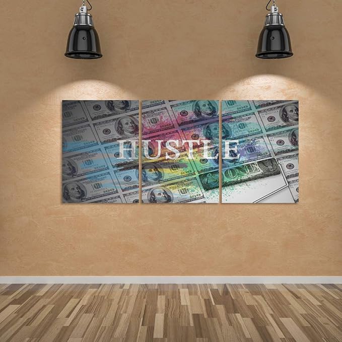 Hustle Wall Art Inspirational Posters Motivational Canvas Wall Art Entrepreneur Quotes Prints Wall Decor 3 Pieces Inspiring Success for Office Home Living Room Bedroom Framed Ready to Hang(60”Wx28”H)