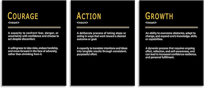 Motivational Wall Art COURAGE ACTION GROWTH Noun 3 Pieces Positive Poster Promote Personal Progress Inspirational Wall Decor Painting Modern Artwork for Office Home Bedroom Workplace [36''Wx 16''H]
