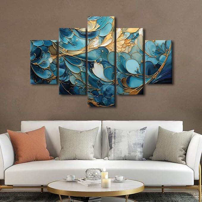 Canvas Wall Art Decor for Home Modern Abstract Canvas Wall Art Blue and Gold Abstract Marble Poster Prints on Canvas 5 Panel Living Room Decoration Artwork Stretched Ready to Hang 60x40 in