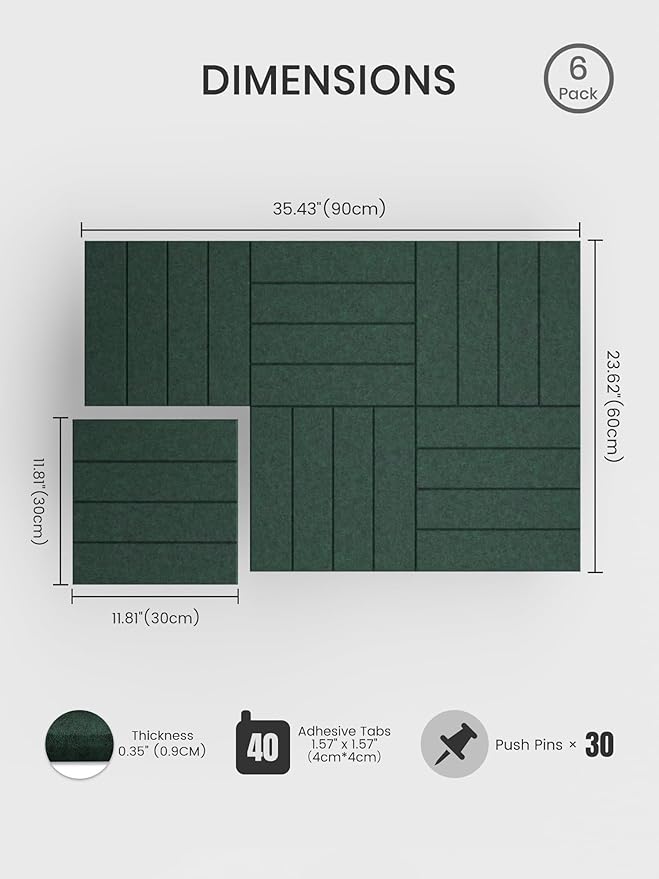 Bumusty Large Cork Board Alternative-36 x 24" Felt Bulletin Board Tiles, with 30 Pushpins, 40 Adhesive Tabs, 6-Pack Slat Wall Paneling, Cork Boards for Office Push Pin Board Felt Board-Pine Green