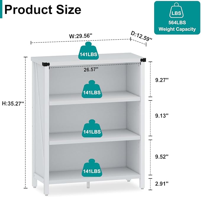 BON AUGURE White Bookshelf, 3-Tier Wooden Bookcase with Adjustable Shelves, Small Farmhouse Floor Book Cases/Shelves with Open Storage for Home Office School Library Bedroom Kids