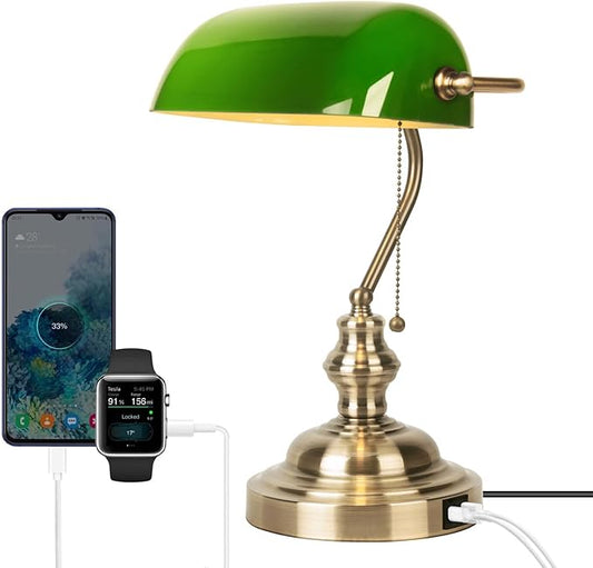 Green Bankers Lamp with Pull Switch, Retro Desk Lamp with USB & Type C Charging Ports, Antique Library Lamp for Home Office, Library, Study Room