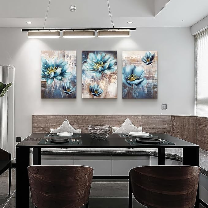 Lapremoly Large Size Canvas Wall Art For Living Room Family Wall Decor For Bedroom Abstract Blue Flowers Paintings Office Decor Modern Wall Decorations For Kitchen Pictures Artwork 20" X 28" 3 Piece
