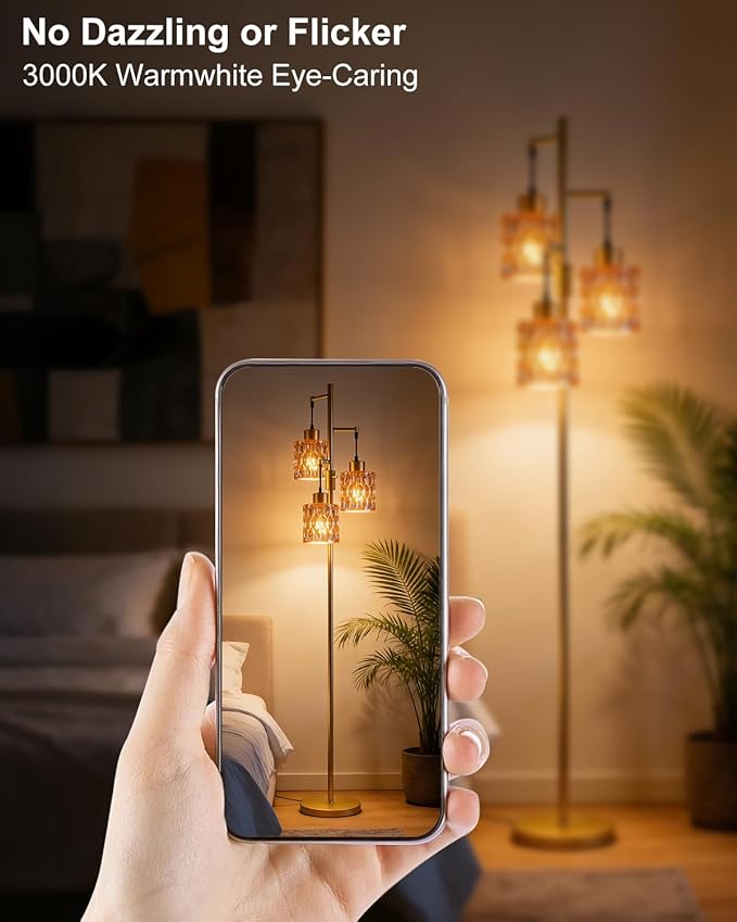 Lightdot 67" 3-Light Glass Floor Lamp for Living Room, Dimmable with Brown Glass Shade & E12 Bulbs Included, Mid Century Standing Tall Lamp for Bedroom/Sofa Beside/Corner Decor - Gold