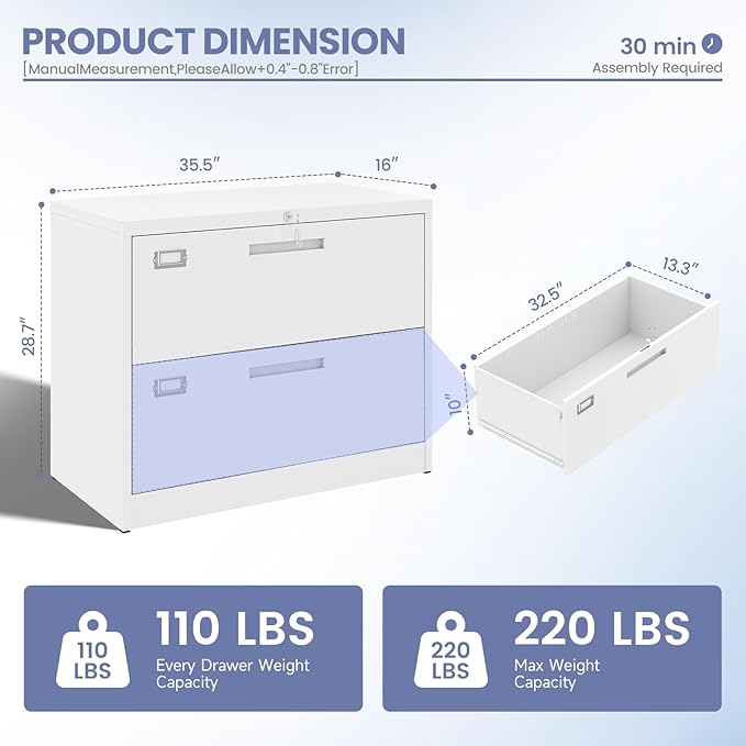 2 Drawer Locking Lateral File Cabinet, Wide&Deep White Metal Filing Cabinet for Letter/Legal/A4/F4 Files, Includes Card Holder and Hanging Folders for Home Office, School, Business