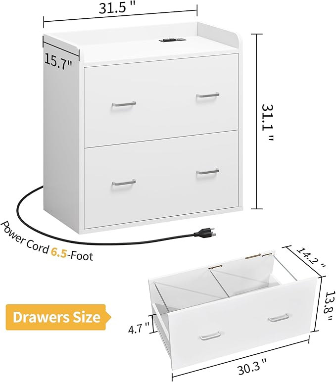 DWVO File Cabinet with Charging Station, 2 Drawer Lateral Filing Cabinet with Storage, Large Printer Stand for Home Office Living Room, Fits A4 Legal Letter Documents, White