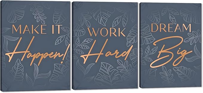 Inspirational Wall Art for Office - 3 Piece Dream Big Work Hard Make It Happen Motivational Posters Positive Quotes Wall Decor Entrepreneur Pictures Framed Canvas Print for Workplace Home, 12"x16"x3