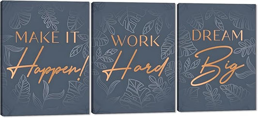 Inspirational Wall Art for Office - 3 Piece Dream Big Work Hard Make It Happen Motivational Posters Positive Quotes Wall Decor Entrepreneur Pictures Framed Canvas Print for Workplace Home, 12"x16"x3