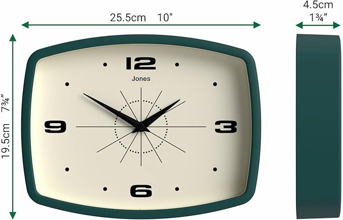 JONES CLOCKS® Movie wall Clock | Retro Rectangular Clock | 10 inch | Dark Green | Cool mid-Century Designer Look for Kitchen, Living Room or Office