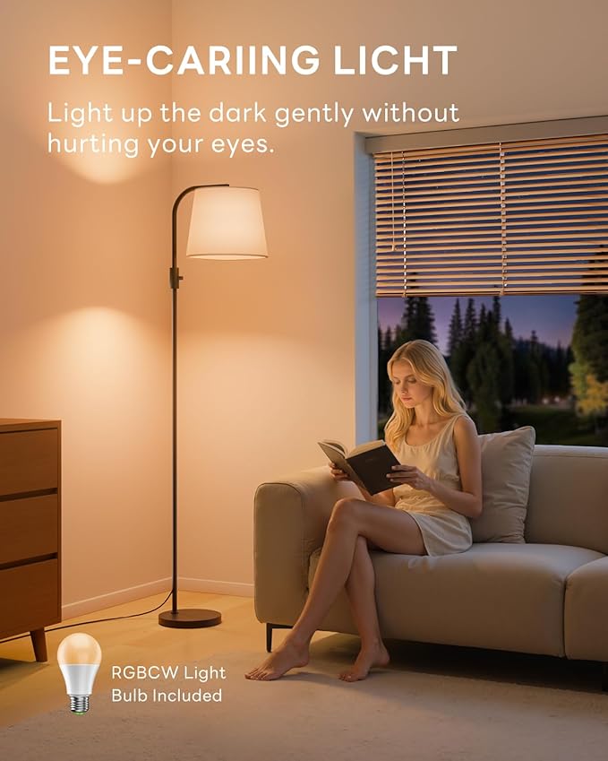 Dimmable Arc Floor Lamp, 1200 Lumens RGBCW Color Change Bulb Included, Standing Lamp with Linen Shade, 65" Tall Lamp with Remote for Living Room, Bedroom, Office, Dining Room, Kitchen, Black