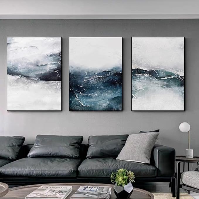 ARTKN Abstract Wall Art 3 Piece Large Framed Canvas Wall Art for Living Room Bedroom Home Office Modern Blue Seascape Decorative Paintings Ocean Theme Poster Prints(Blue, 24" X 32" X 3 Pieces)