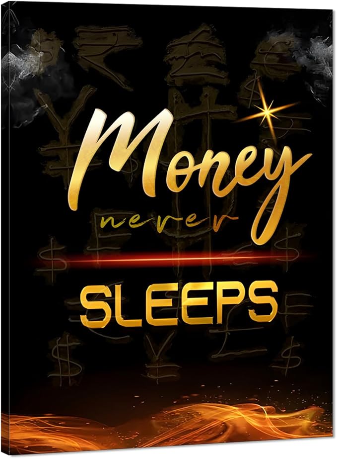 Modern Home Decor Motivational Poster Money Never Sleeps Black and White Inspiring Office Art Workplace Teamwork Artwork Wooden Framed Easy to Hang-24x36 inch