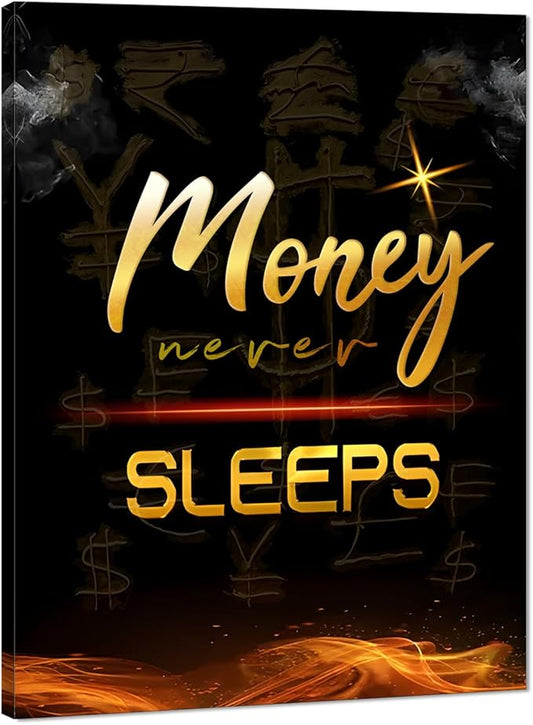 Modern Home Decor Motivational Poster Money Never Sleeps Black and White Inspiring Office Art Workplace Teamwork Artwork Wooden Framed Easy to Hang-24x36 inch