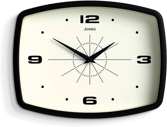 JONES CLOCKS® Movie wall Clock | Retro Rectangular Clock | 10 inch | Black | Cool mid-Century Designer Look for Kitchen, Living Room or Office