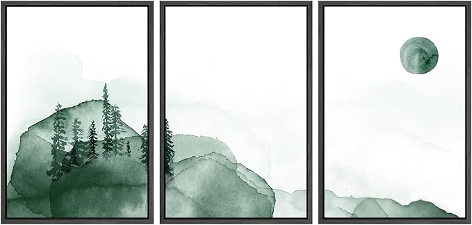 SIGNWIN 3 Piece Framed Canvas Wall Art Green Watercolor Landscape with Moon Nature Wilderness Illustrations Abstract Traditional Home Artwork Decoration for Living Room,Bedroom - 24"x36"x3 Black